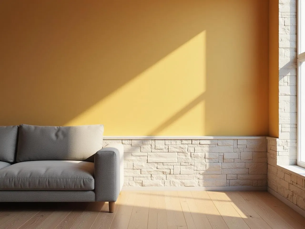 Mur intérieur du salon avec une plinthe en pierre calcaire brute, un éclairage d'ambiance chaleureux, un parquet en chêne et un canapé gris moelleux.